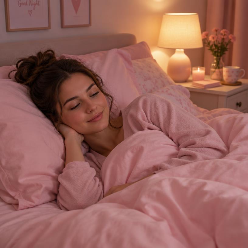 Femme détendue dans un lit aux draps roses