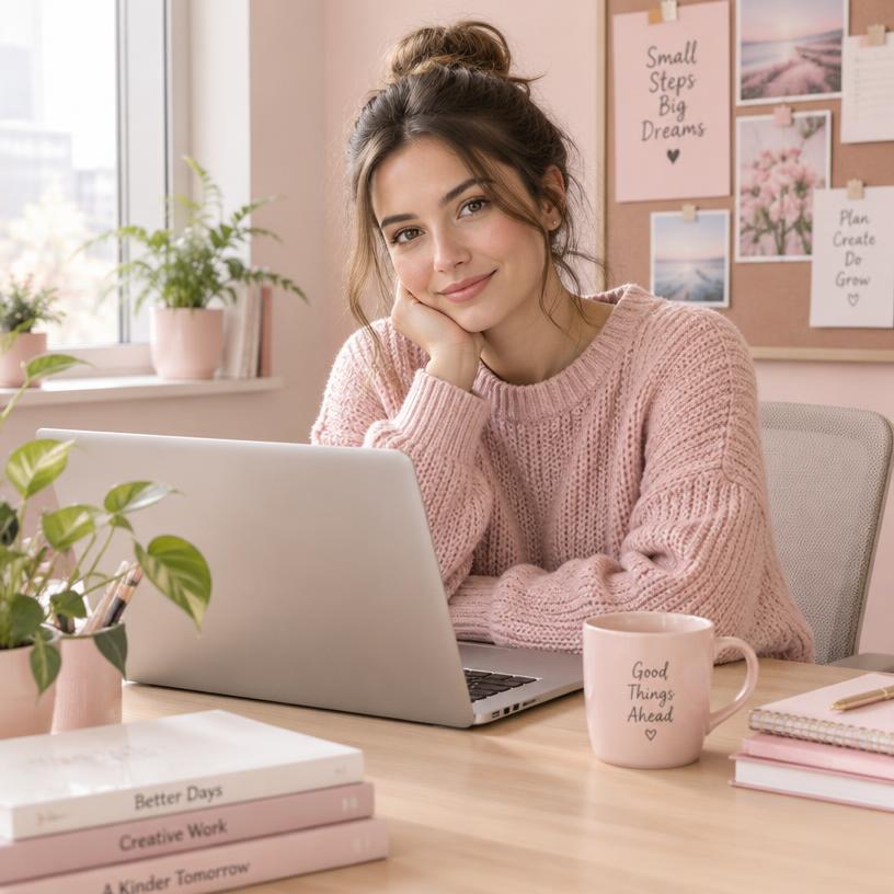 Femme souriante à son bureau en pull rose